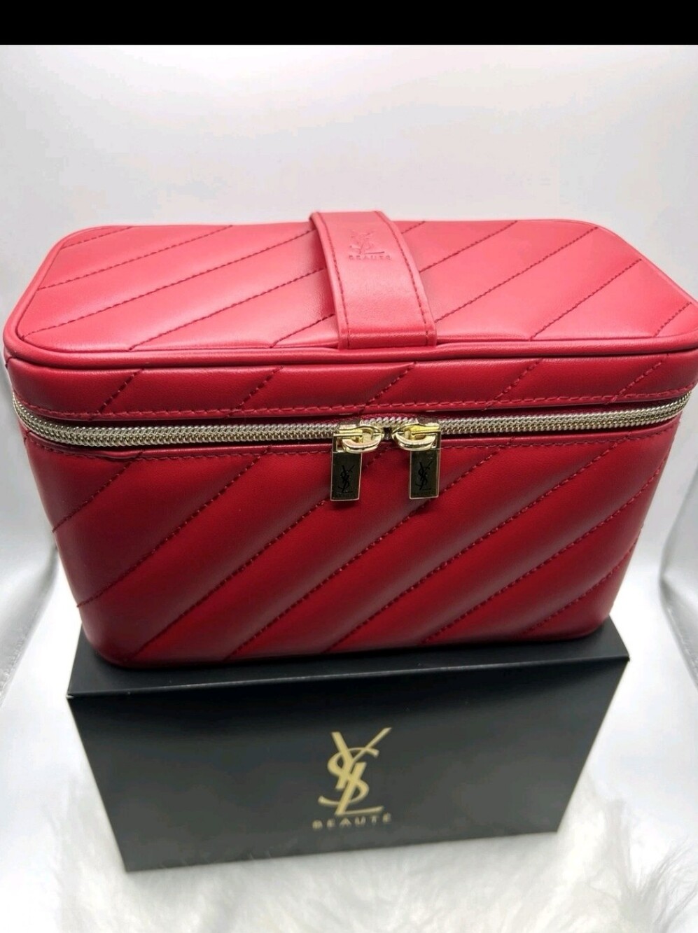 YSL Yves Saint Laurant Red Quilted Vanity Case Makeup Bag New BNIB
